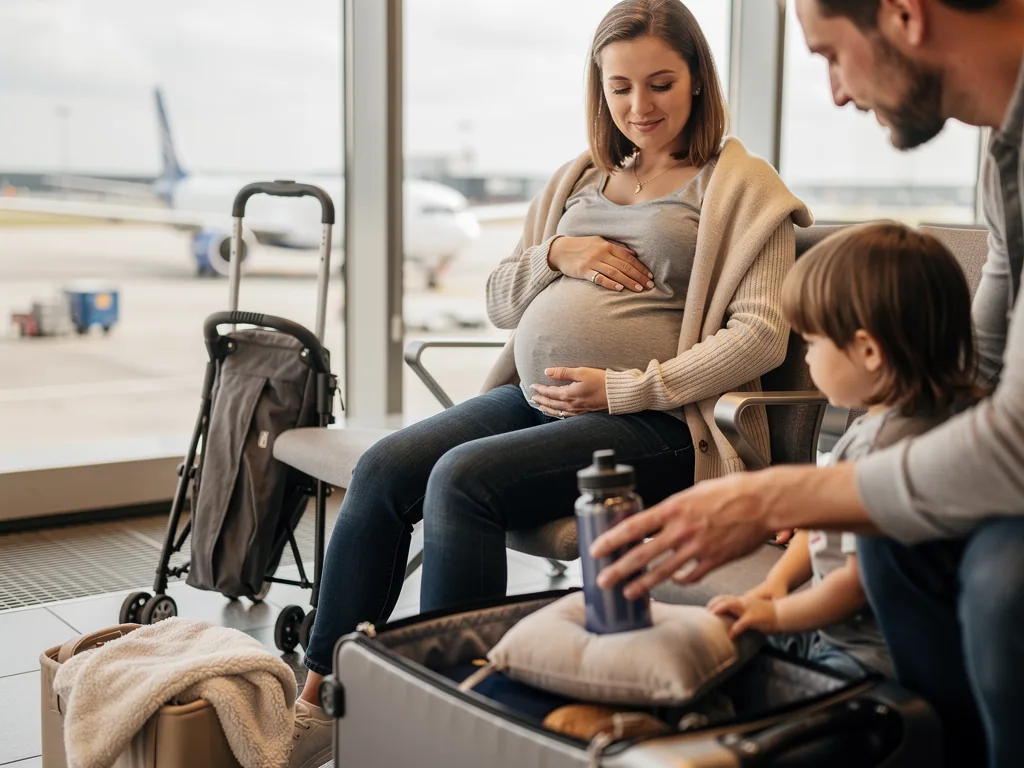 Schwangere sitzt mit Partner und Kind am Flughafen, daneben Kinderwagen und geöffneter Koffer.