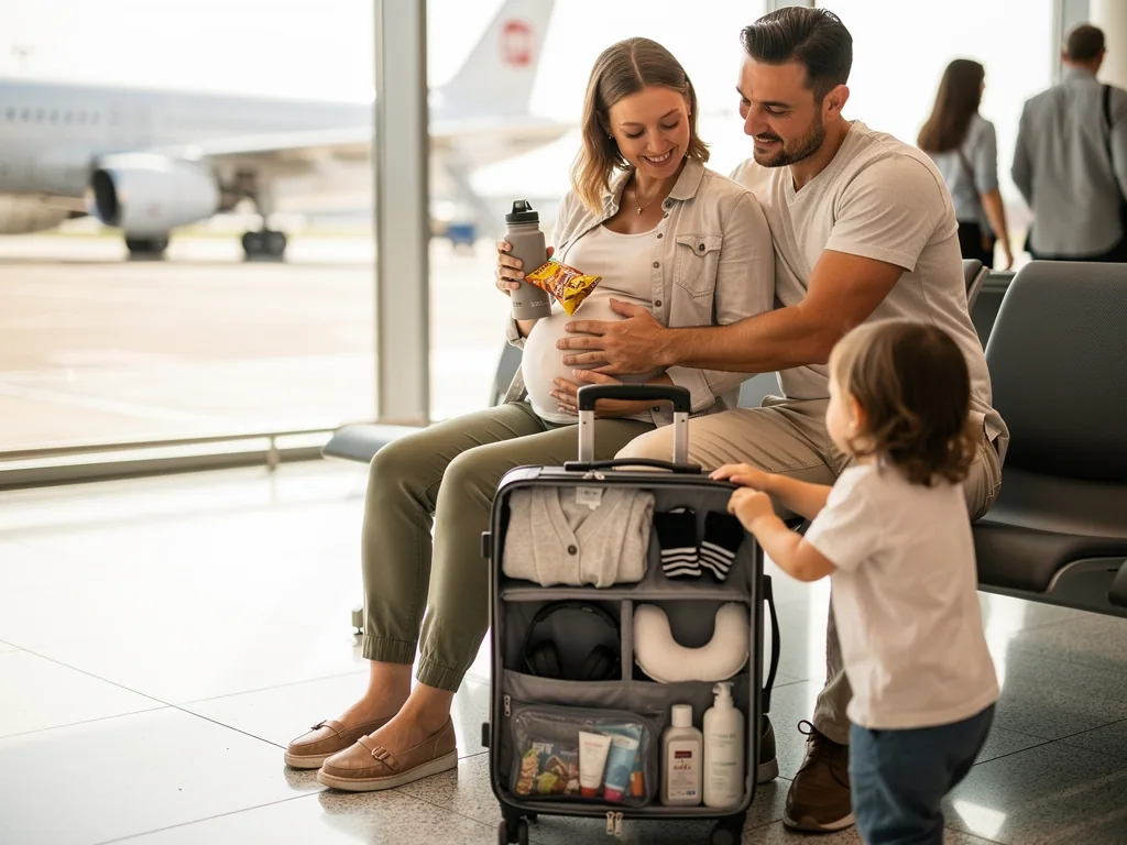 Schwangere sitzt mit Partner und Kind am Flughafen, hält Trinkflasche und Snack, vor ihr steht ein gepackter Koffer.