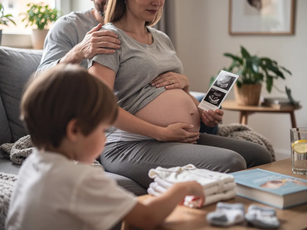 Schwangere sitzt mit Partner und Kind auf dem Sofa, hält Ultraschallbilder und berührt ihren Babybauch.