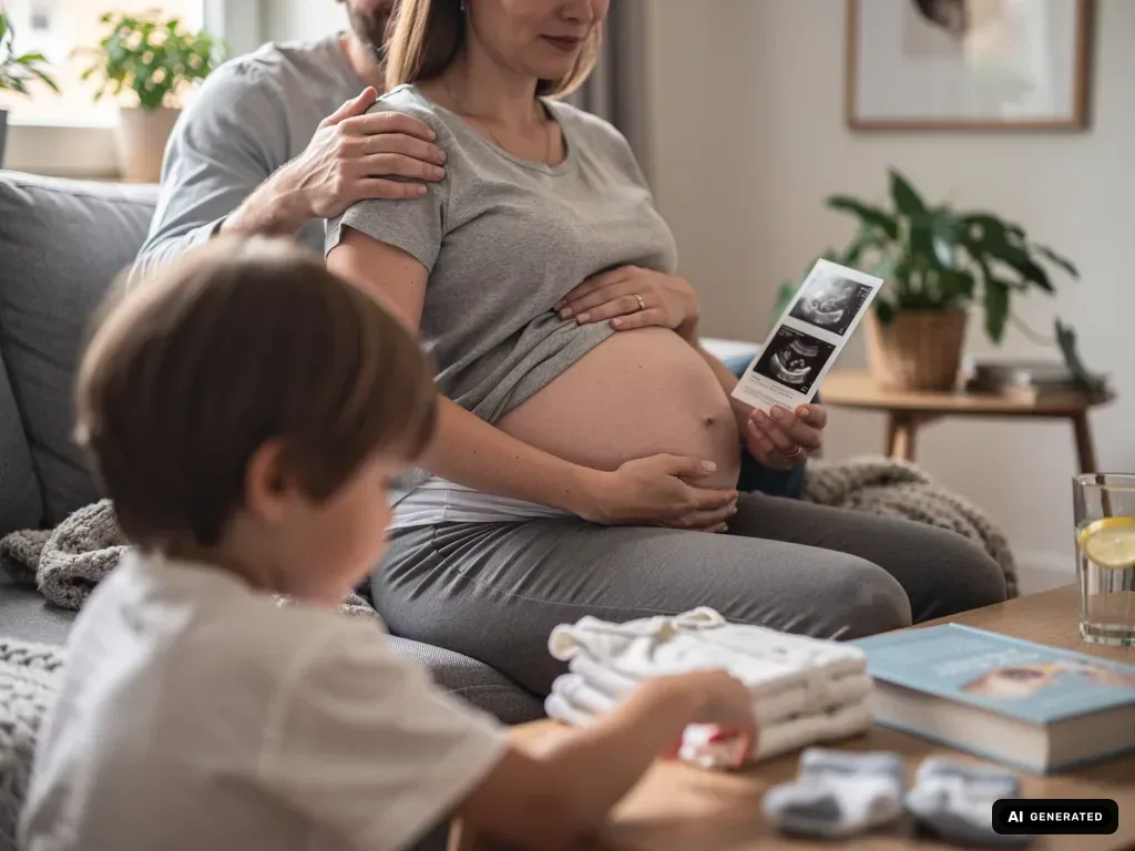Schwangere sitzt mit Partner und Kind auf dem Sofa, hält Ultraschallbilder und berührt ihren Babybauch. (mit KI erstellt)