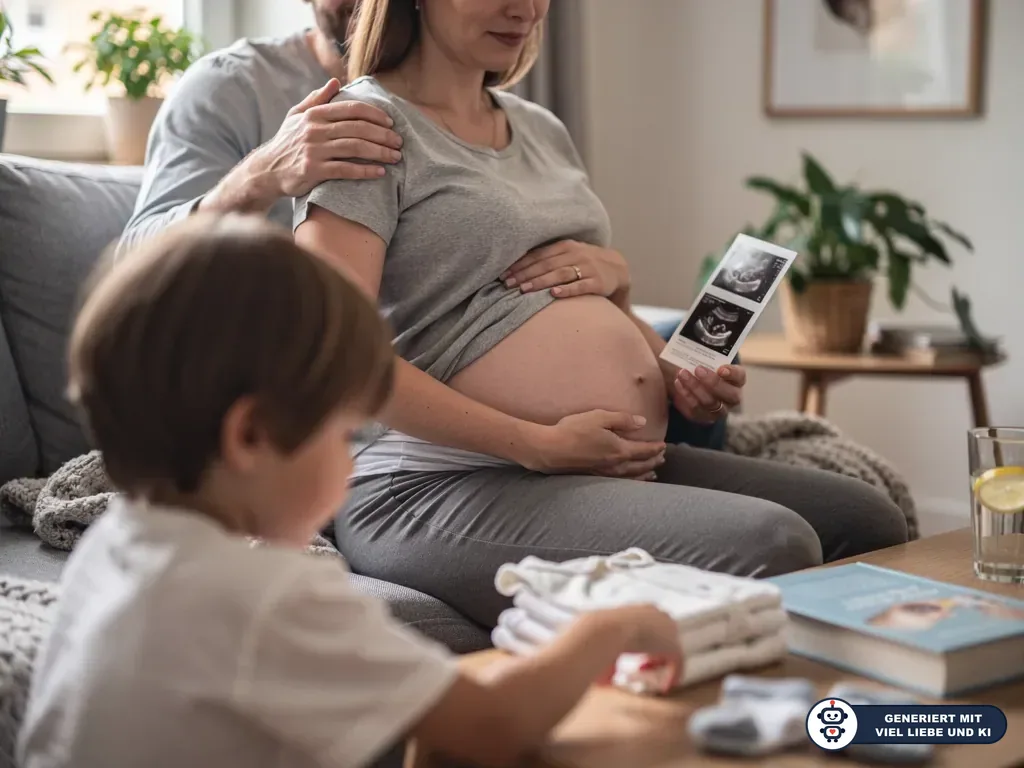 Schwangere sitzt mit Partner und Kind auf dem Sofa, hält Ultraschallbilder und berührt ihren Babybauch. (mit KI erstellt)