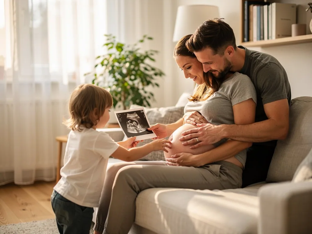 Schwangere sitzt mit Partner und Kind auf dem Sofa, sie halten ein Ultraschallbild und berühren den Babybauch.