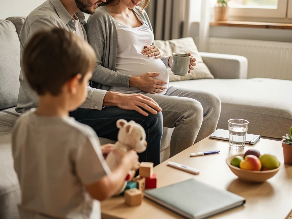 Schwangere sitzt mit Partner und Kind im Wohnzimmer; auf dem Tisch liegen Notizbuch und Schwangerschaftstests.