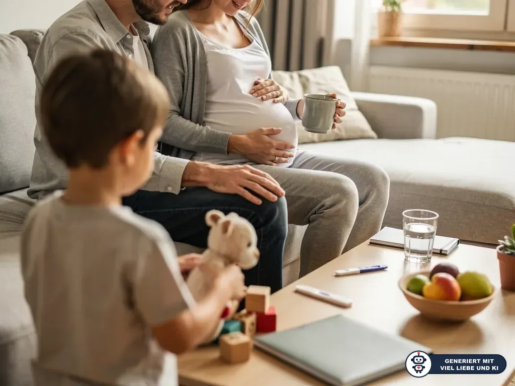 Schwangere sitzt mit Partner und Kind im Wohnzimmer; auf dem Tisch liegen Notizbuch und Schwangerschaftstests. (mit KI erstellt)