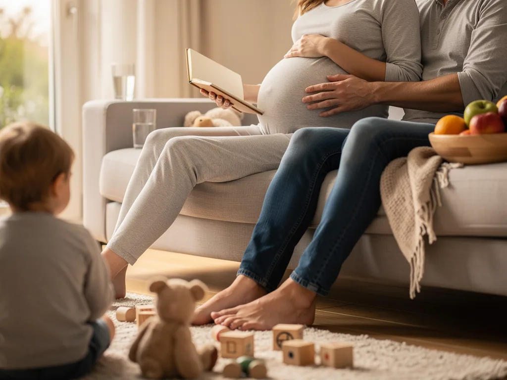 Schwangere sitzt mit Partner und Kind im Wohnzimmer; Partner hält die Hand am Babybauch, sie liest ein Buch.
