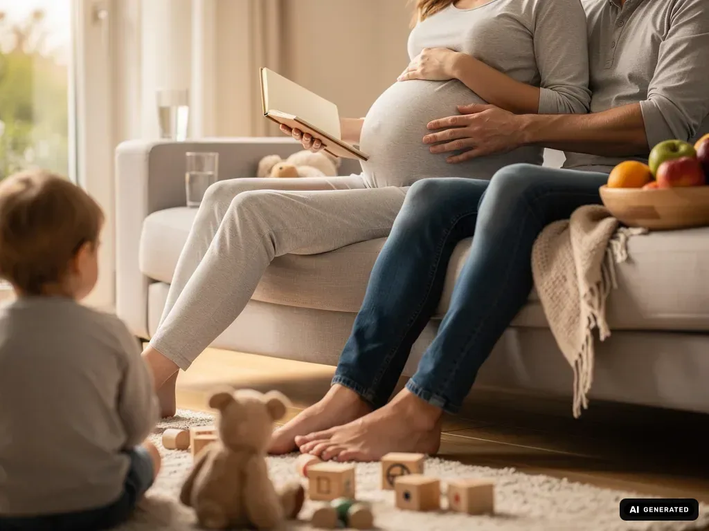 Schwangere sitzt mit Partner und Kind im Wohnzimmer; Partner hält die Hand am Babybauch, sie liest ein Buch. (mit KI erstellt)