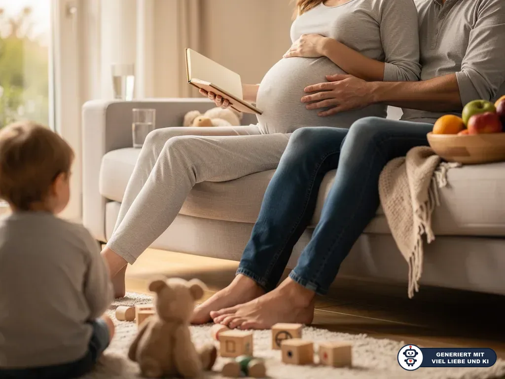 Schwangere sitzt mit Partner und Kind im Wohnzimmer; Partner hält die Hand am Babybauch, sie liest ein Buch. (mit KI erstellt)