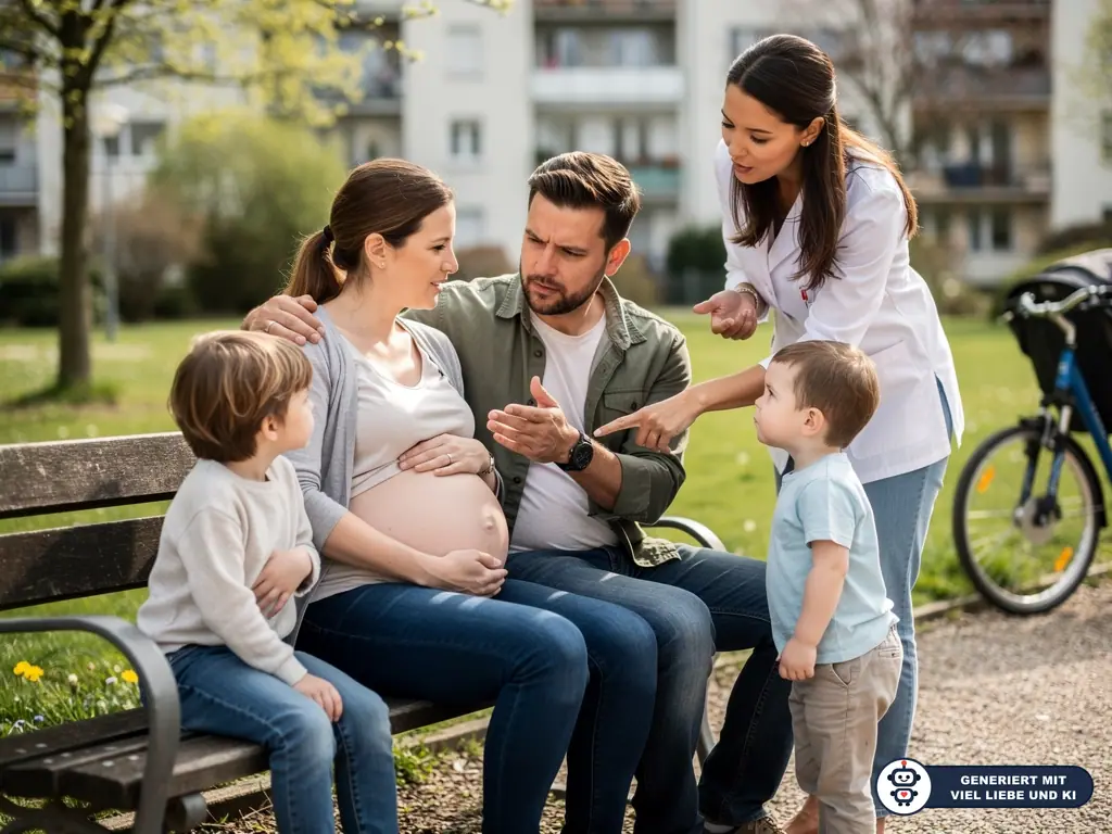 Schwangere sitzt mit Partner und Kindern auf Parkbank, eine Ärztin berät die Familie im Gespräch. (mit KI erstellt)