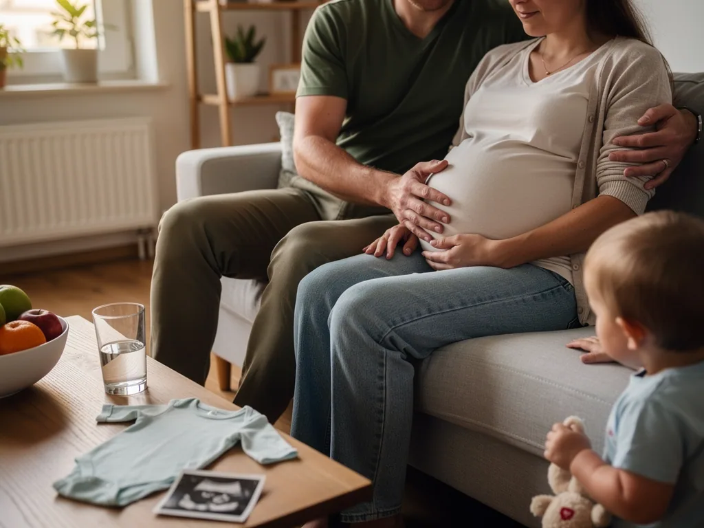Schwangere sitzt mit Partner und Kleinkind auf dem Sofa, auf dem Tisch liegen Babybody und Ultraschallbild.