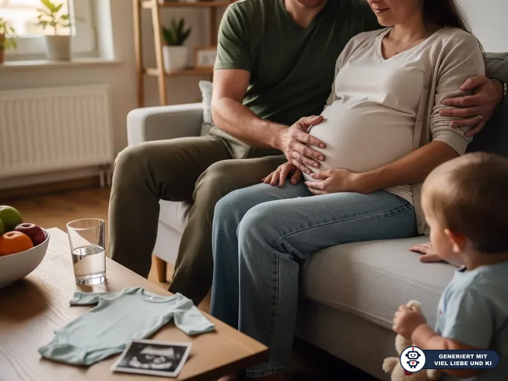 Schwangere sitzt mit Partner und Kleinkind auf dem Sofa, auf dem Tisch liegen Babybody und Ultraschallbild. (mit KI erstellt)