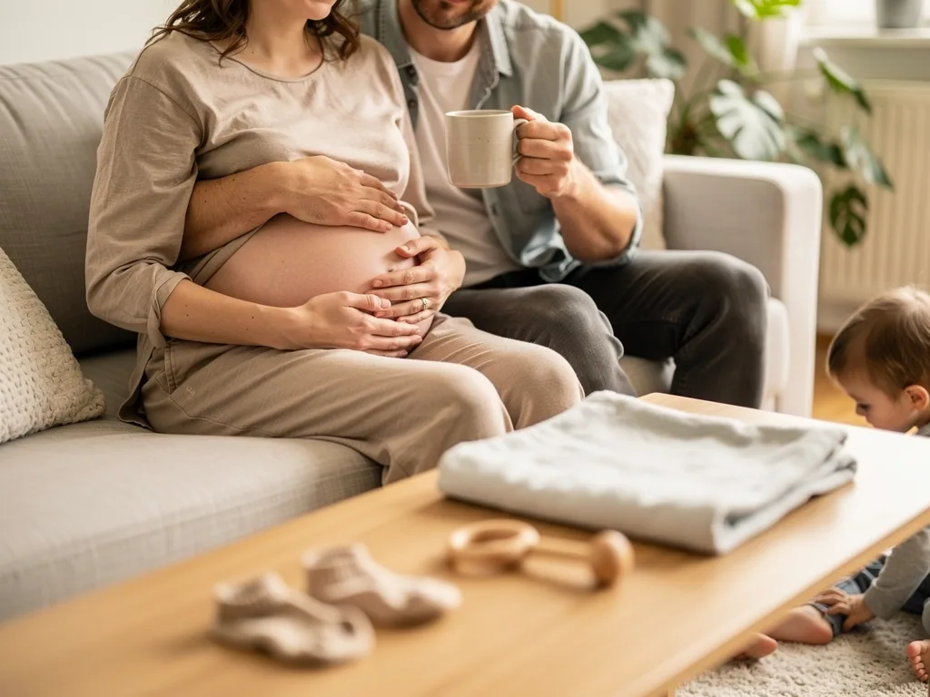 Schwangere sitzt mit Partner und Kleinkind im Wohnzimmer, Babywäsche und Rassel liegen auf dem Tisch.
