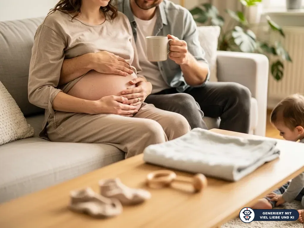 Schwangere sitzt mit Partner und Kleinkind im Wohnzimmer, Babywäsche und Rassel liegen auf dem Tisch. (mit KI erstellt)