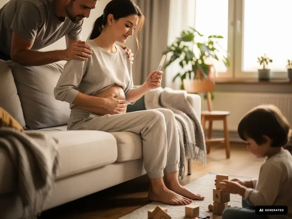 Schwangere sitzt mit Schwangerschaftstest auf dem Sofa, Partner berührt ihre Schultern, Kind spielt am Boden. (mit KI erstellt)