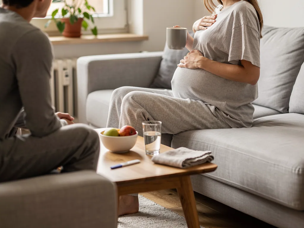 Schwangere sitzt mit Tasse auf dem Sofa, eine zweite Person sitzt ihr gegenüber am Couchtisch.