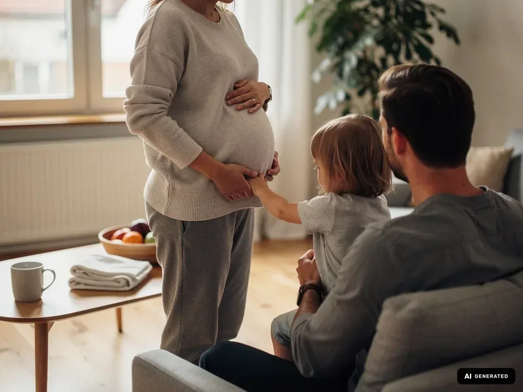 Schwangere steht im Wohnzimmer, Kind berührt ihren Bauch, Vater sitzt daneben auf dem Sofa. (mit KI erstellt)