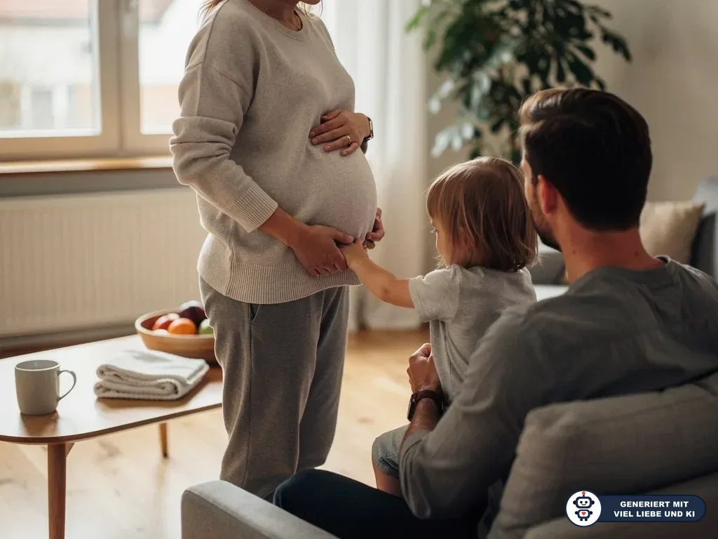 Schwangere steht im Wohnzimmer, Kind berührt ihren Bauch, Vater sitzt daneben auf dem Sofa. (mit KI erstellt)