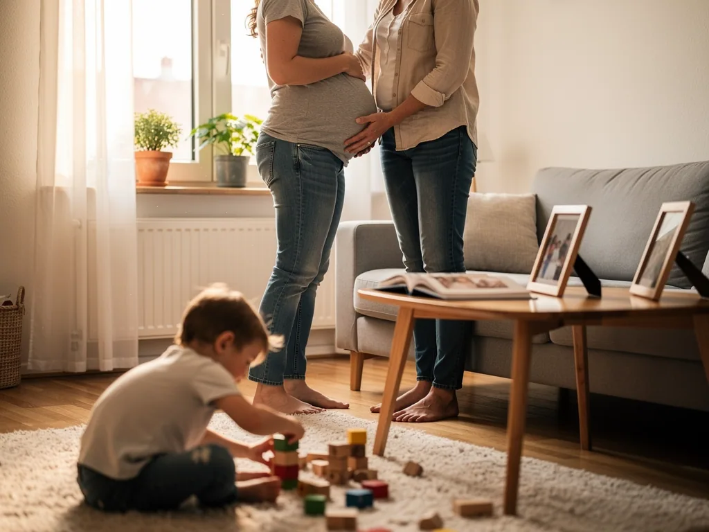 Schwangere steht im Wohnzimmer, Partnerin hält ihren Bauch, Kleinkind spielt auf dem Teppich mit Bauklötzen.