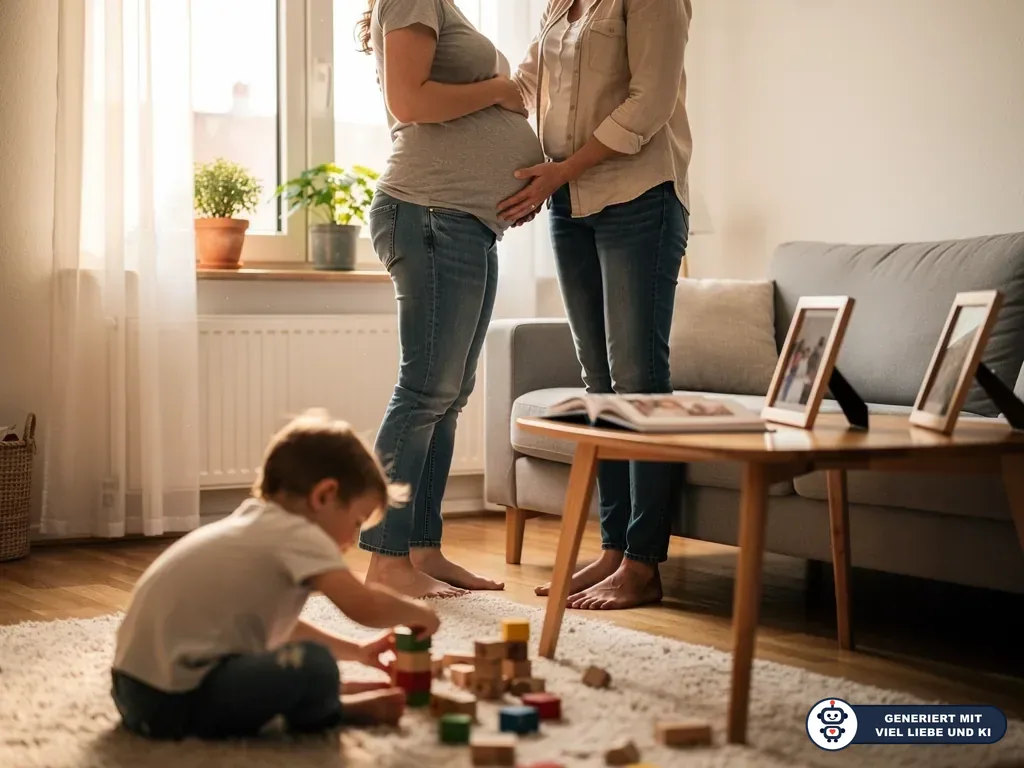 Schwangere steht im Wohnzimmer, Partnerin hält ihren Bauch, Kleinkind spielt auf dem Teppich mit Bauklötzen. (mit KI erstellt)