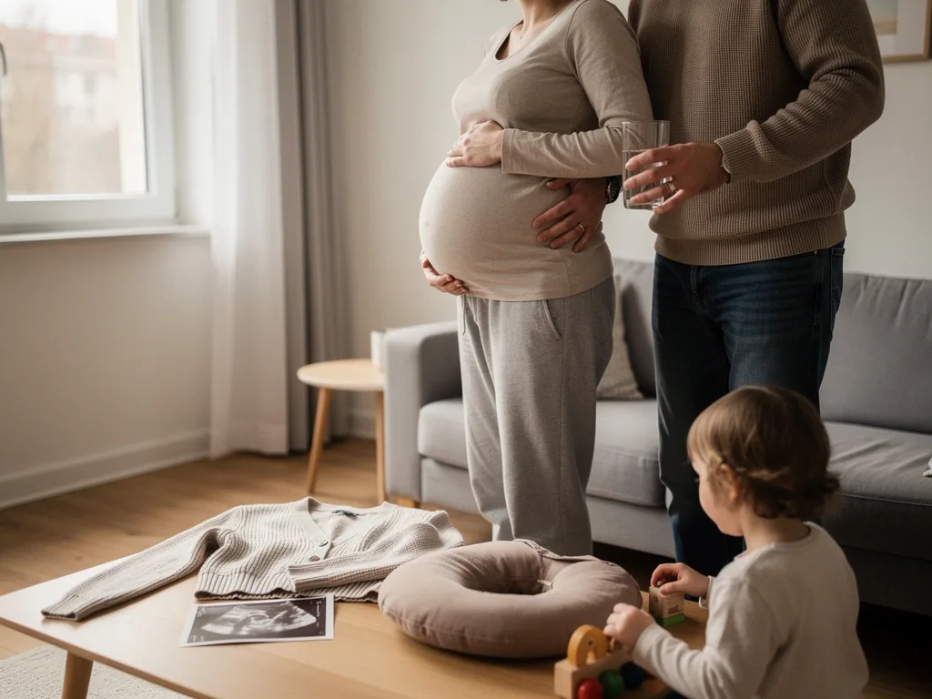 Schwangere steht mit Partner und Kind im Wohnzimmer neben Babystrampler, Stillkissen und Ultraschallbild.