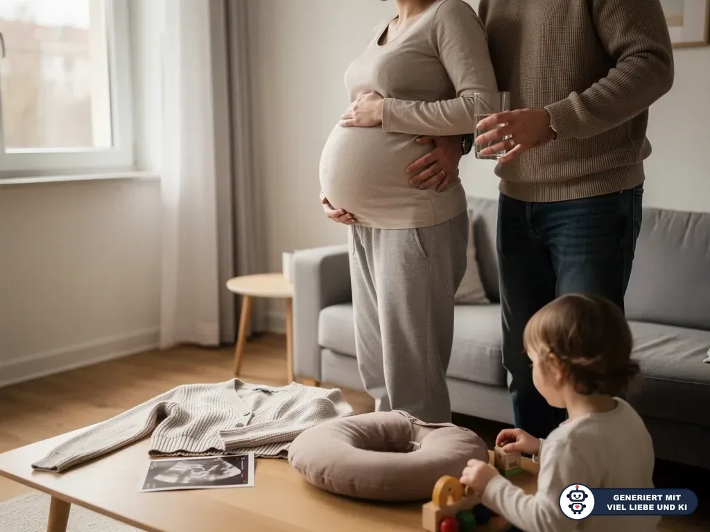 Schwangere steht mit Partner und Kind im Wohnzimmer neben Babystrampler, Stillkissen und Ultraschallbild. (mit KI erstellt)