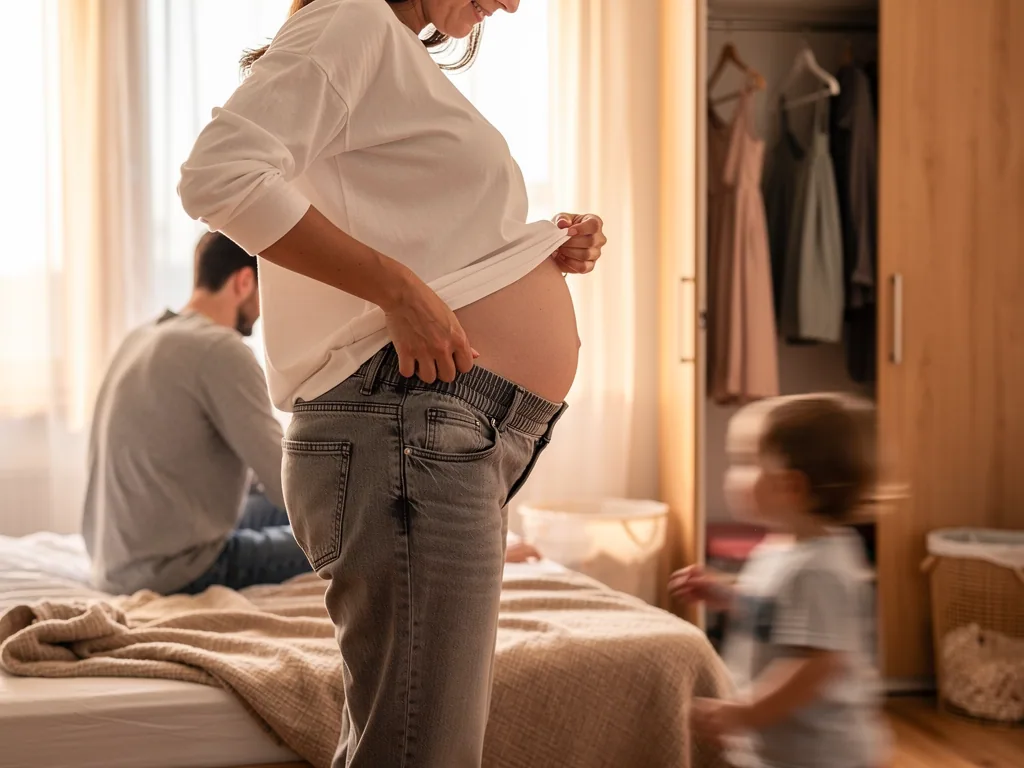 Schwangere zieht im Schlafzimmer eine zu enge Jeans über den Babybauch, Partner und Kind sind im Hintergrund.