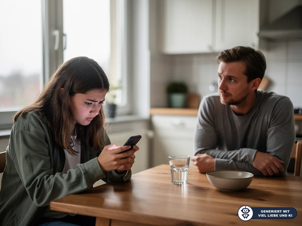 Teenagerin blickt besorgt auf ihr Smartphone, während ihr Vater sie am Küchentisch aufmerksam ansieht. (mit KI erstellt)