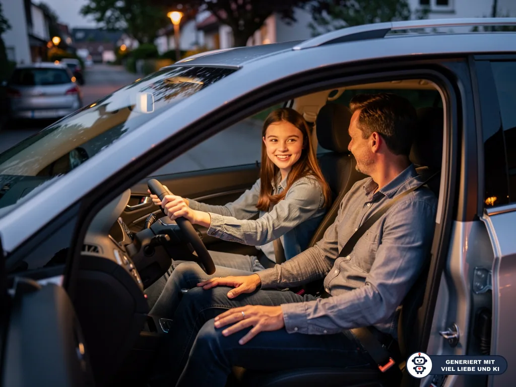 Teenagerin sitzt am Steuer eines Autos, ihr Vater angeschnallt daneben, beide lächeln in einer Wohnstraße bei Dämmerung. (mit KI erstellt)
