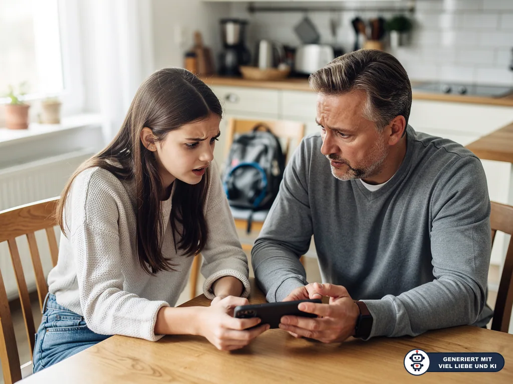 Teenagerin und Vater sitzen besorgt am Küchentisch und schauen gemeinsam auf ein Smartphone. (mit KI erstellt)