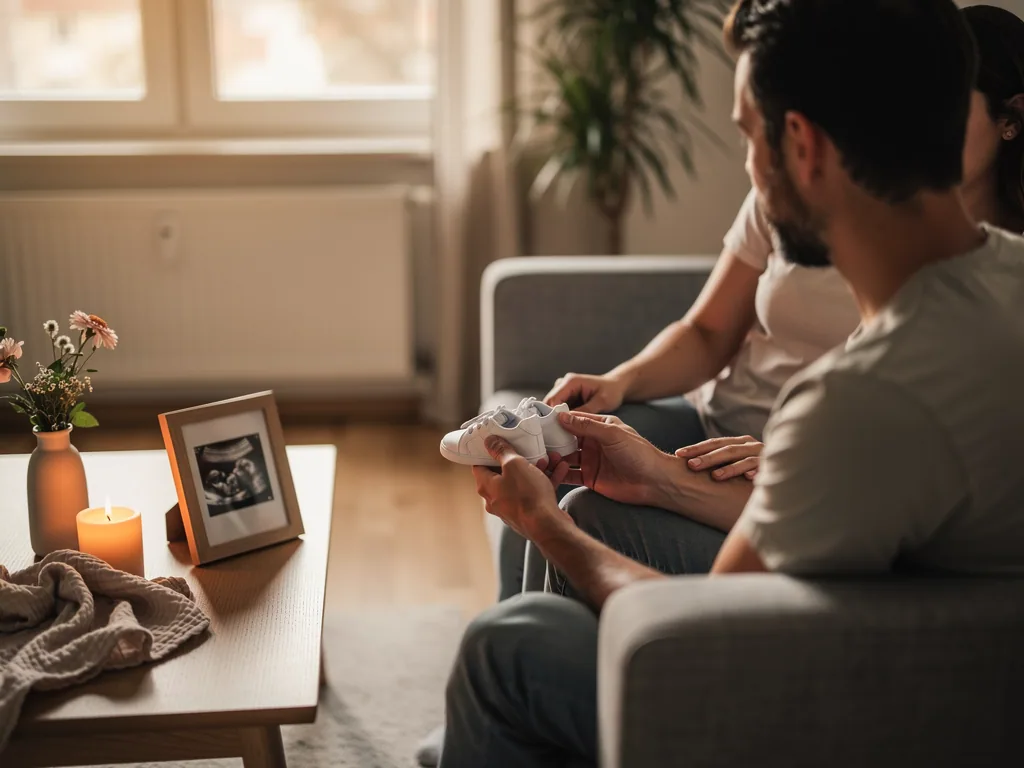 Trauerndes Paar sitzt auf dem Sofa; der Vater hält Babyschuhe, daneben Kerze, Blumen und Ultraschallbild.