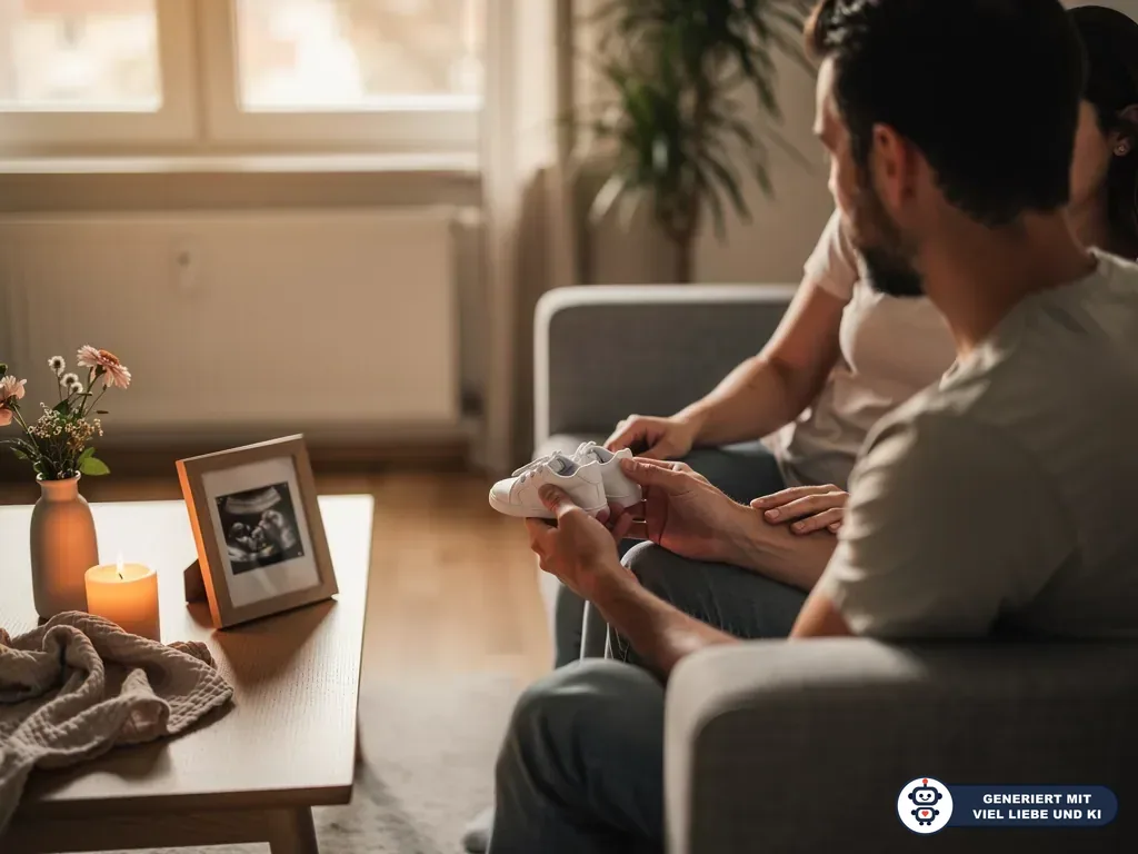 Trauerndes Paar sitzt auf dem Sofa; der Vater hält Babyschuhe, daneben Kerze, Blumen und Ultraschallbild. (mit KI erstellt)