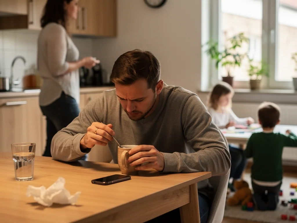 Trauriger Mann sitzt mit Tasse am Küchentisch, daneben Handy und Taschentuch, im Hintergrund Familie.
