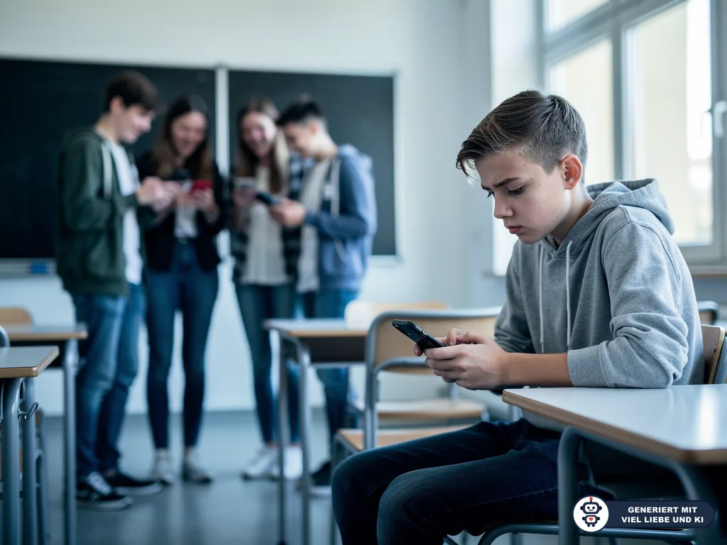 Trauriger Teenager sitzt im Klassenzimmer mit Smartphone, während Jugendliche im Hintergrund auf ihre Handys schauen. (mit KI erstellt)
