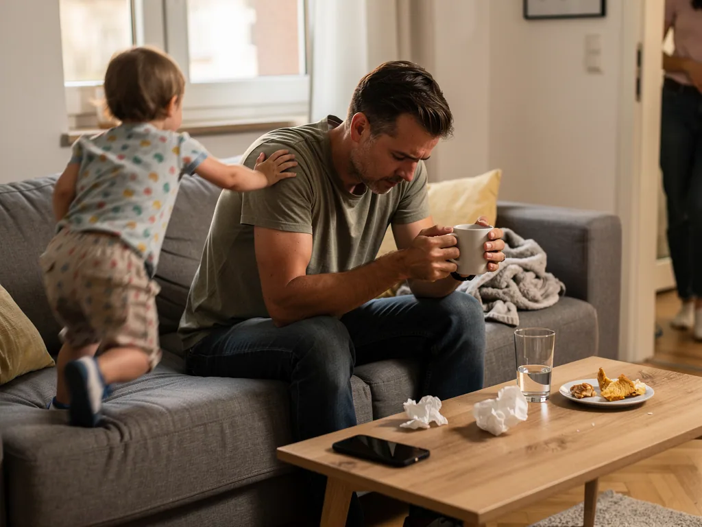Trauriger Vater sitzt mit Tasse auf dem Sofa, während sein Kind ihm im Wohnzimmer die Hand auf die Schulter legt.