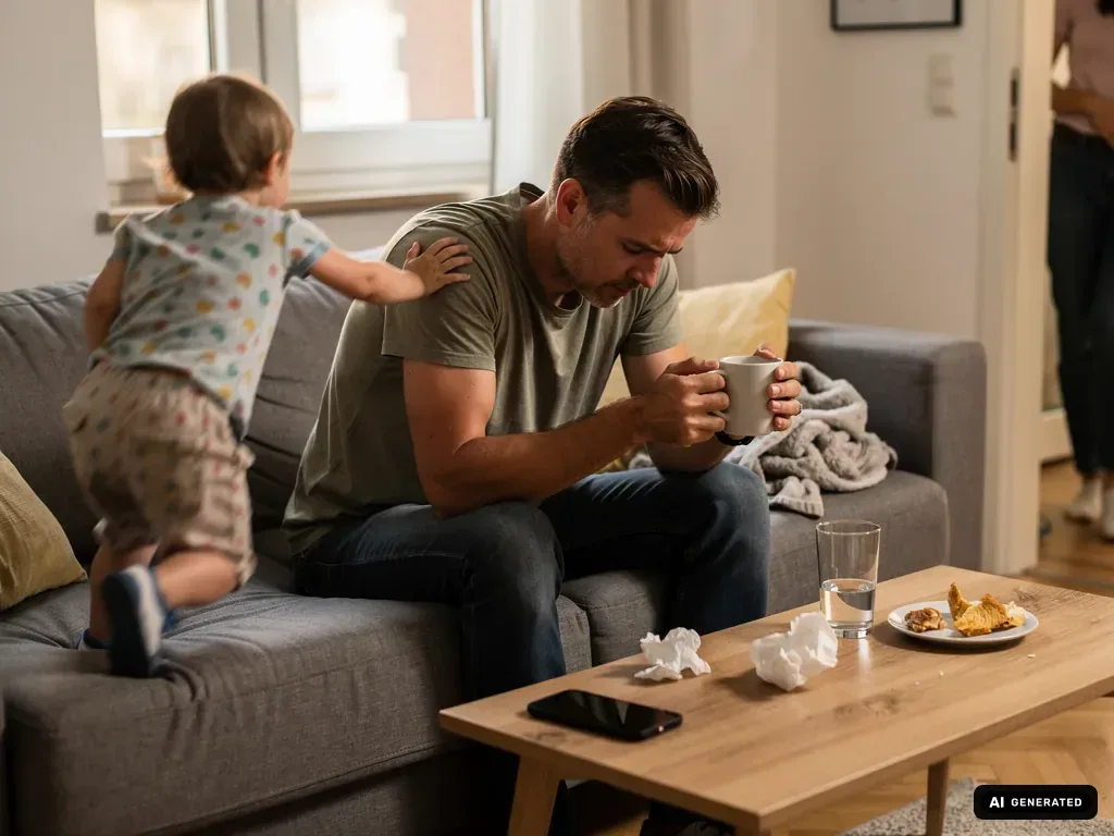 Trauriger Vater sitzt mit Tasse auf dem Sofa, während sein Kind ihm im Wohnzimmer die Hand auf die Schulter legt. (mit KI erstellt)
