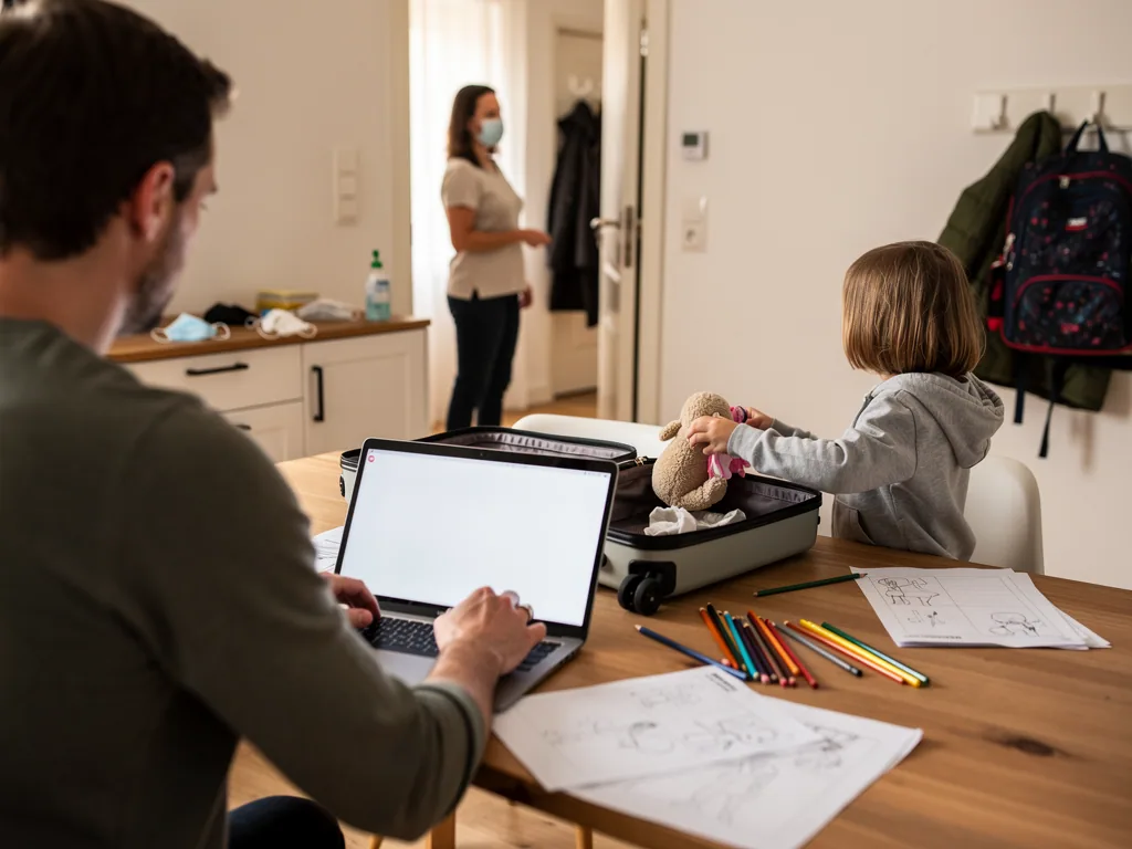 Vater am Laptop, Kind packt Kuscheltier in Koffer, Mutter mit Maske steht an der Tür.