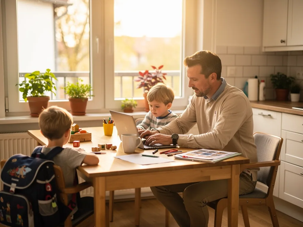 Vater arbeitet am Laptop am Küchentisch, während zwei Kinder mit Stiften und Bauklötzen neben ihm sitzen.