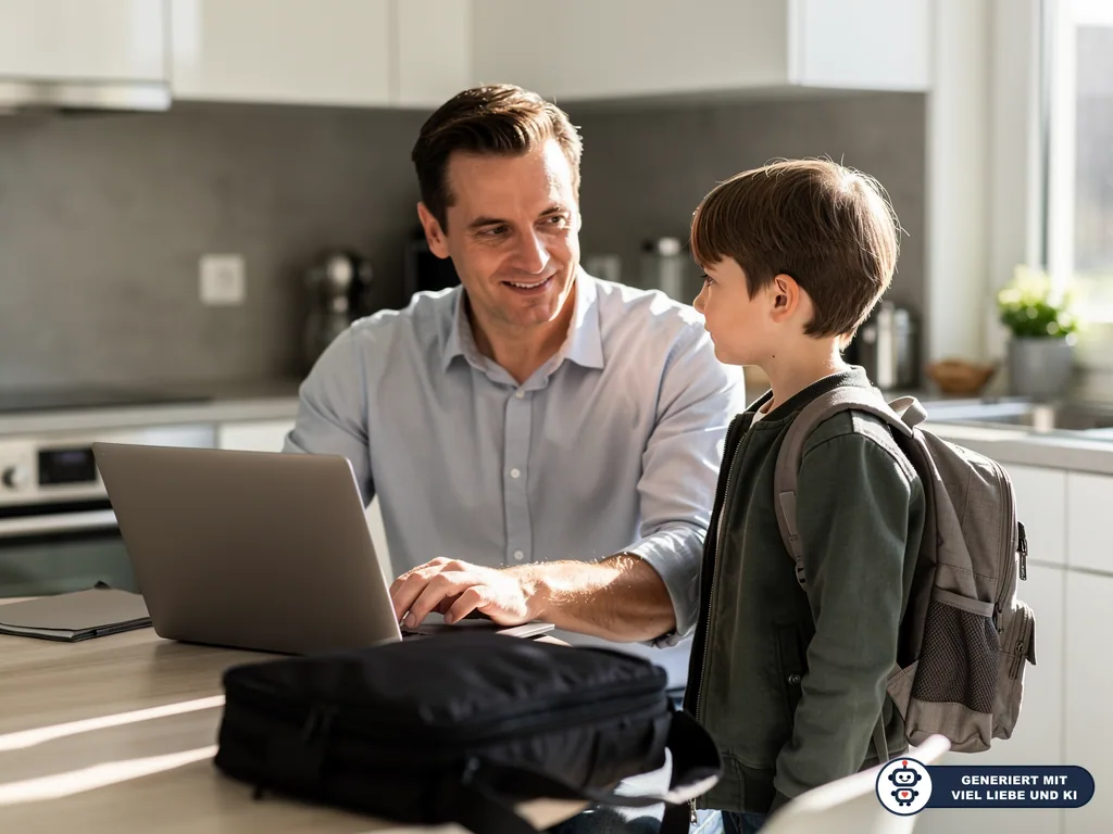 Vater arbeitet am Laptop in der Küche und spricht mit seinem Sohn mit Schulrucksack. (mit KI erstellt)
