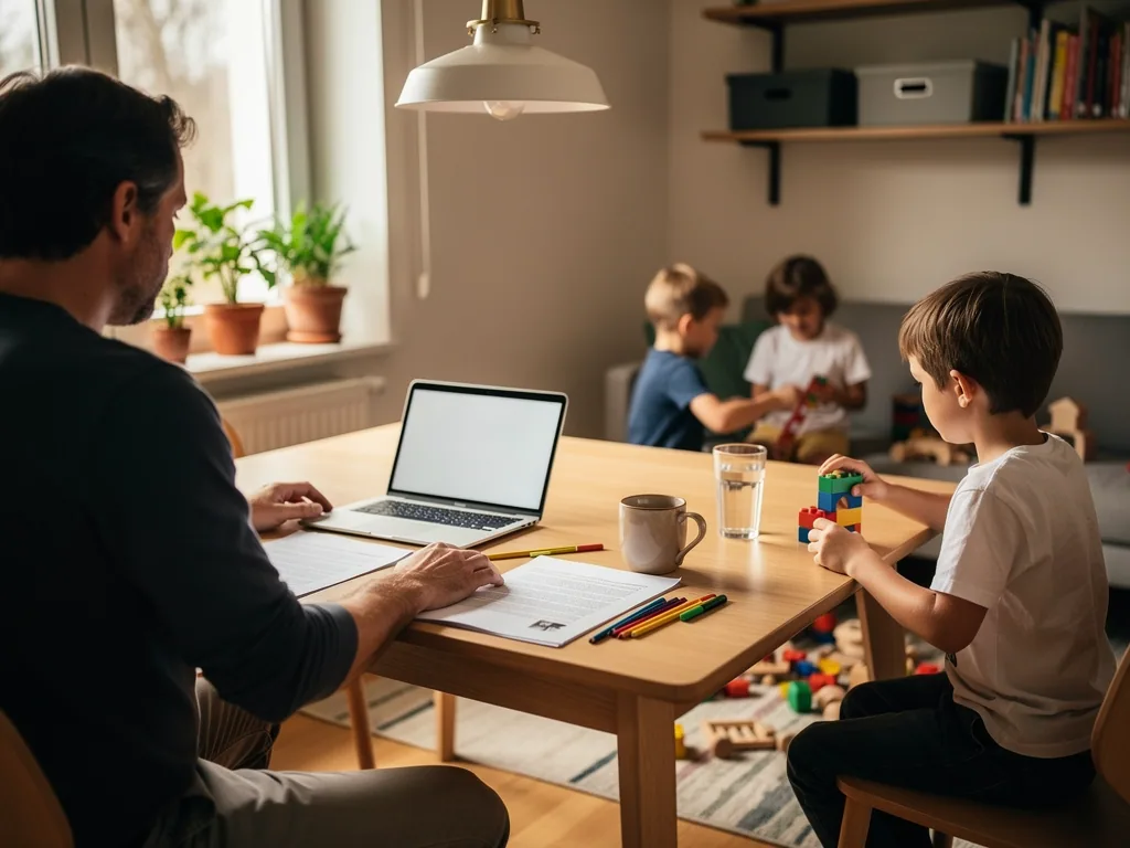 Vater arbeitet am Laptop, während drei Kinder im Wohnzimmer mit Bausteinen spielen.