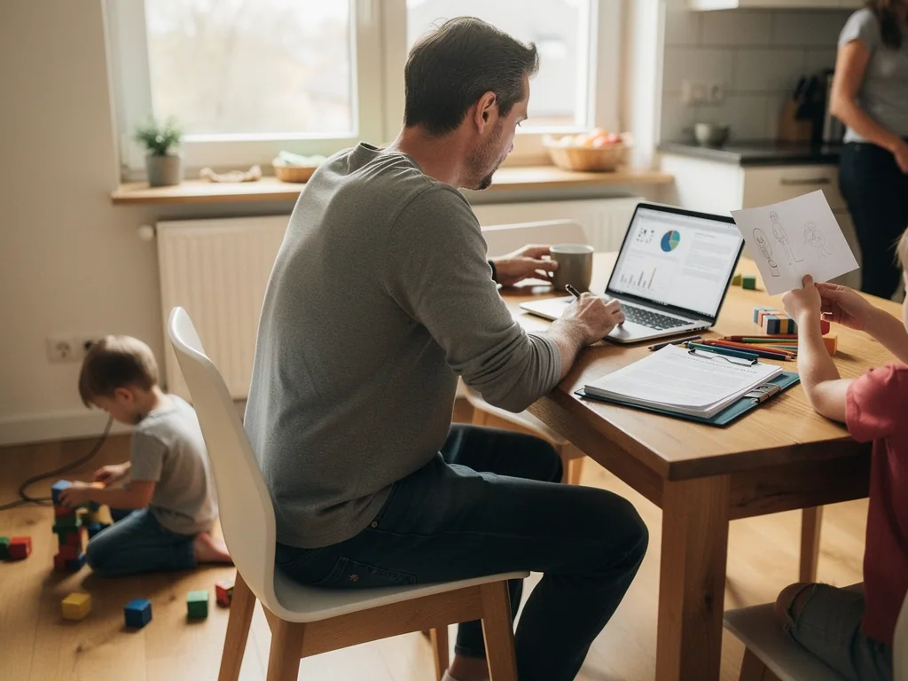 Vater arbeitet am Laptop, während zwei Kinder neben ihm zeichnen und mit Bauklötzen spielen.
