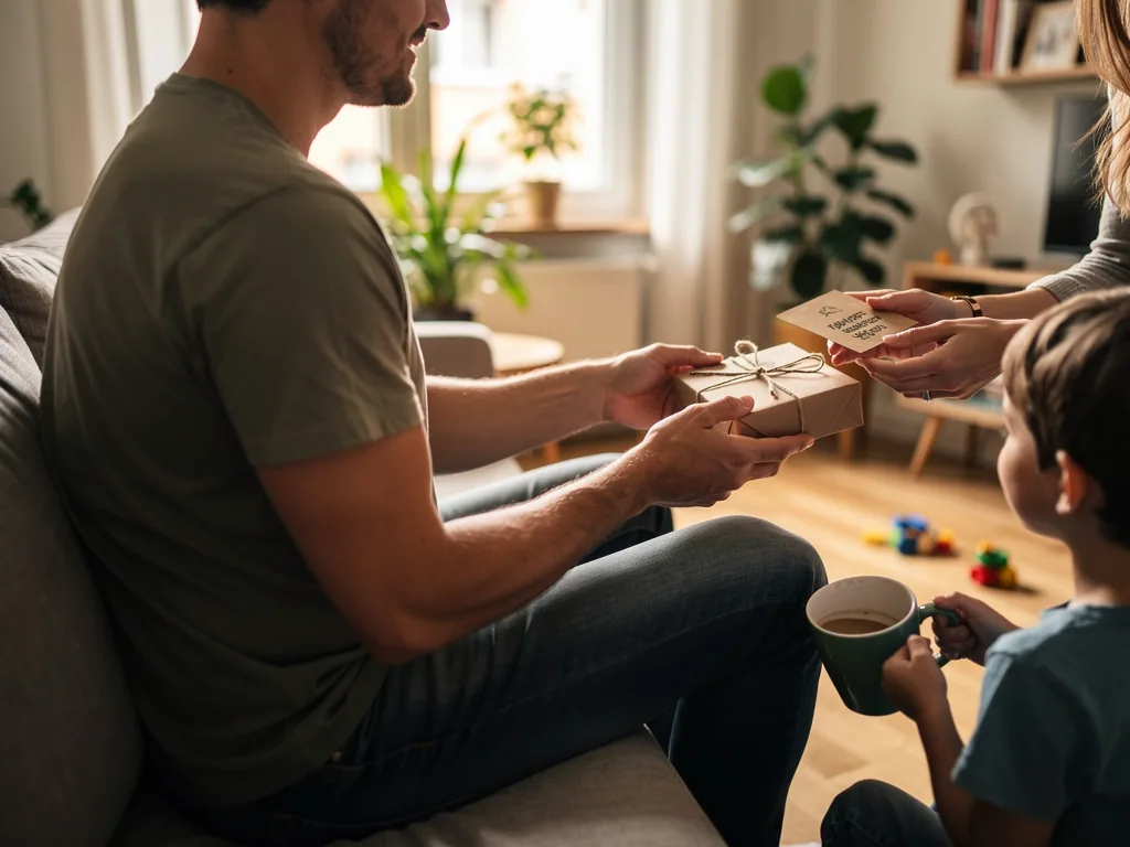 Vater auf dem Sofa nimmt ein verpacktes Geschenk von Frau und Kind entgegen, daneben hält ein Junge eine Tasse.