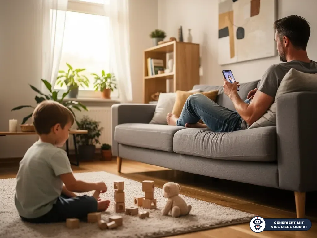 Vater auf dem Sofa schaut auf ein Smartphone, während sein Kind im Wohnzimmer mit Bauklötzen spielt. (mit KI erstellt)