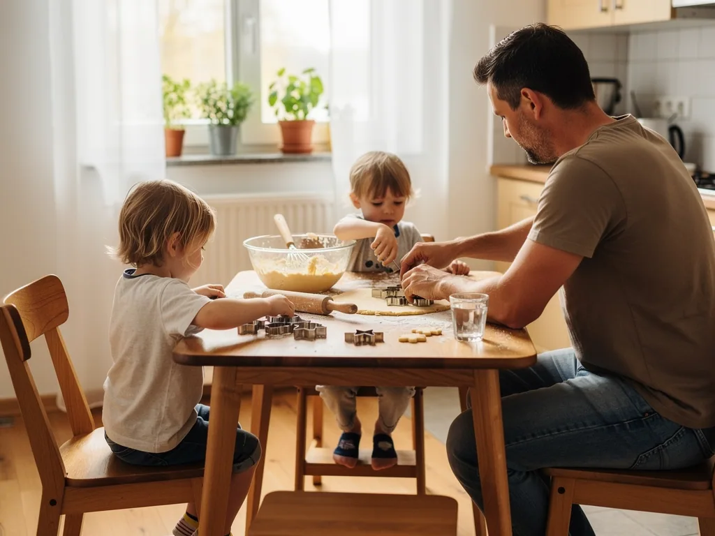 Vater backt mit zwei kleinen Kindern Plätzchen am Küchentisch mit Teig, Ausstechformen und Schüssel.