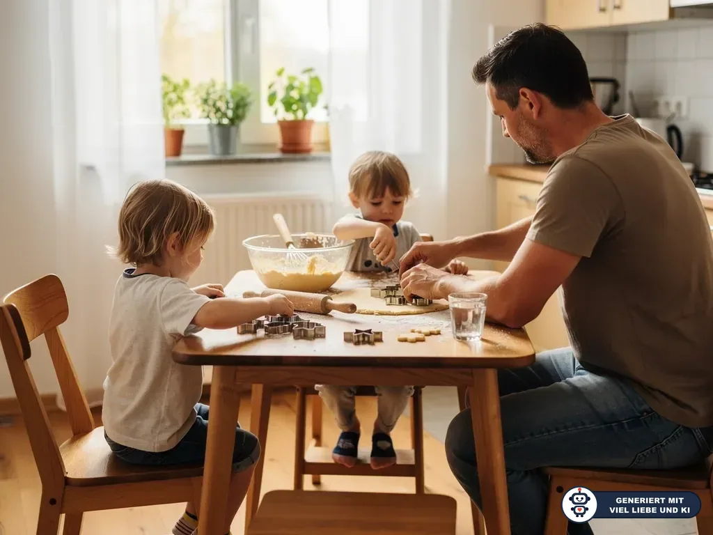 Vater backt mit zwei kleinen Kindern Plätzchen am Küchentisch mit Teig, Ausstechformen und Schüssel. (mit KI erstellt)