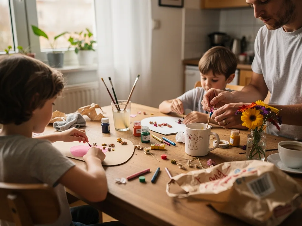 Vater bastelt mit zwei Kindern am Küchentisch ein Muttertagsgeschenk mit Farben, Blumen und bemalter Tasse.