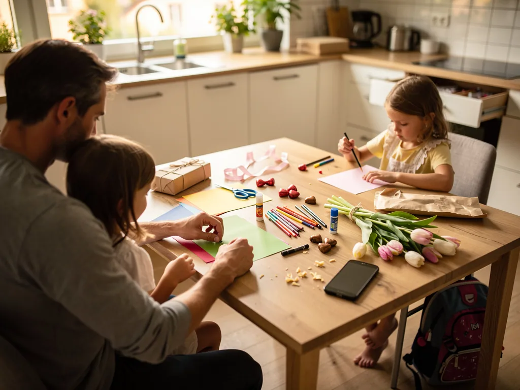 Vater bastelt mit zwei Kindern am Küchentisch Muttertagsgeschenke mit Papier, Stiften, Tulpen und Päckchen.