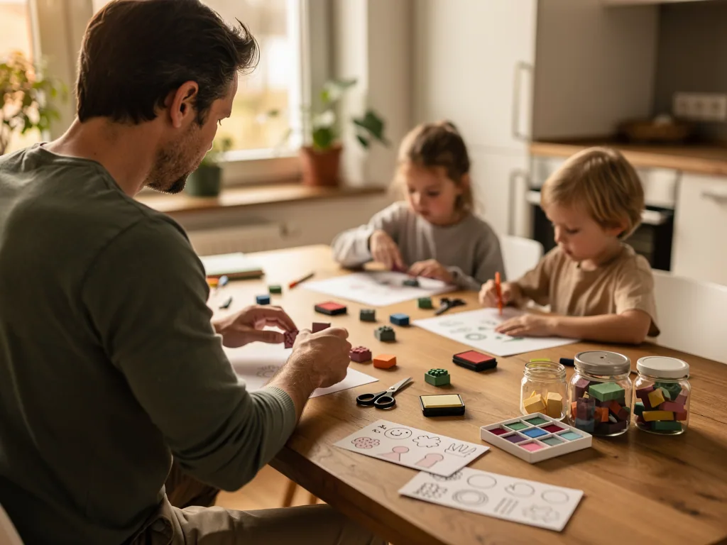 Vater bastelt mit zwei Kindern am Küchentisch Stempelbilder mit Farben, Papier, Scheren und Holzklötzen.