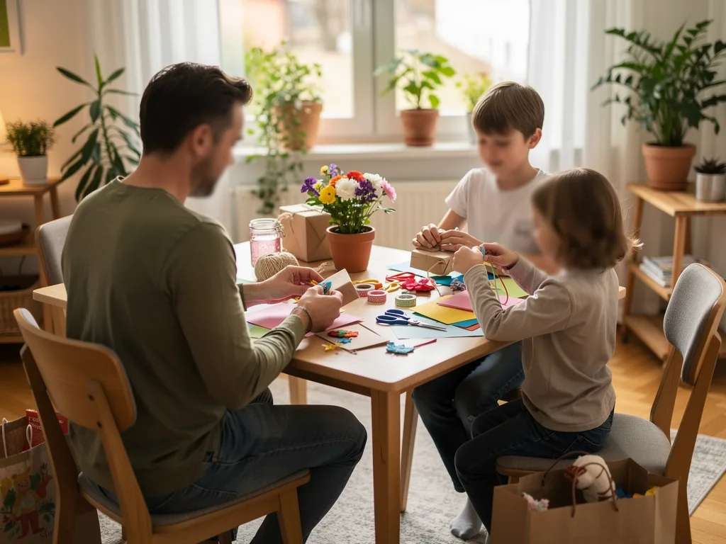 Vater bastelt mit zwei Kindern am Tisch Muttertagsgeschenke mit Papier, Bändern, Schere und Blumen im Topf.