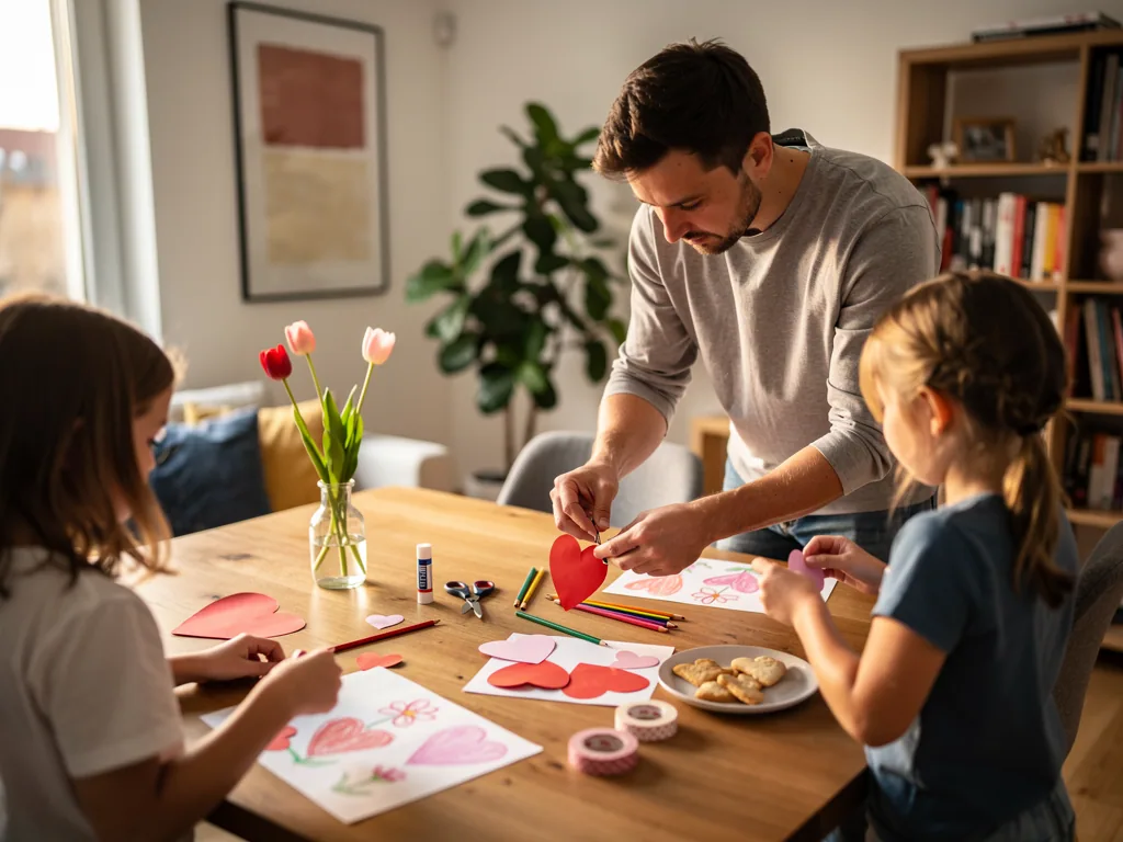 Vater bastelt mit zwei Kindern am Tisch rote Papierherzen für den Valentinstag, daneben Stifte, Kleber und Kekse.