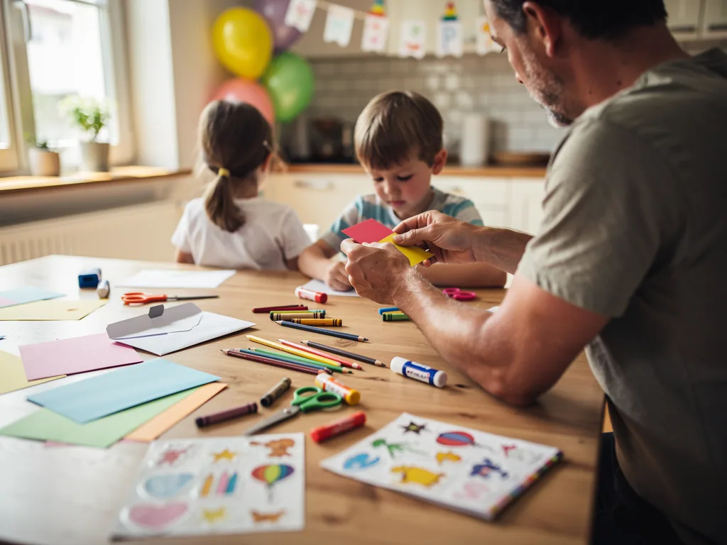 Vater bastelt mit zwei Kindern Geburtstagseinladungen am Küchentisch mit Papier, Stiften, Scheren und Luftballons.