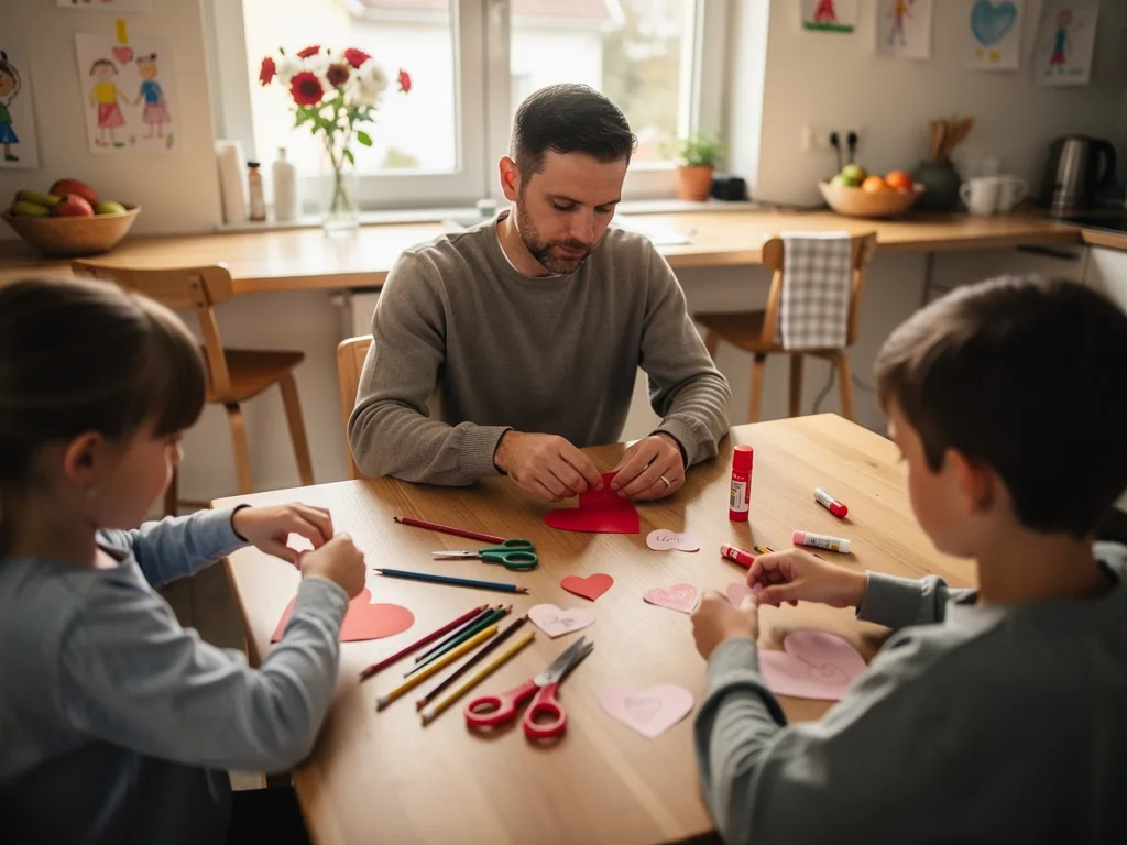 Vater bastelt mit zwei Kindern Herz-Karten aus Papier am Küchentisch mit Stiften, Schere und Klebestiften.